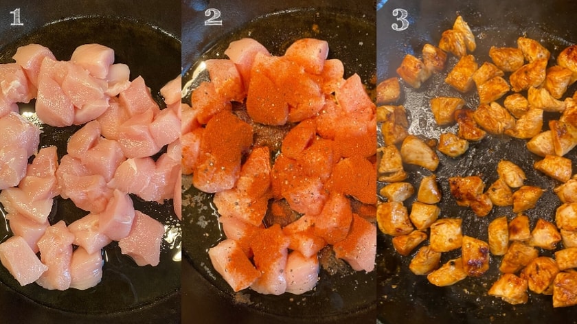 Three step picture of raw chicken in a skillet, seasoned with paprika, then fully cooked and browned