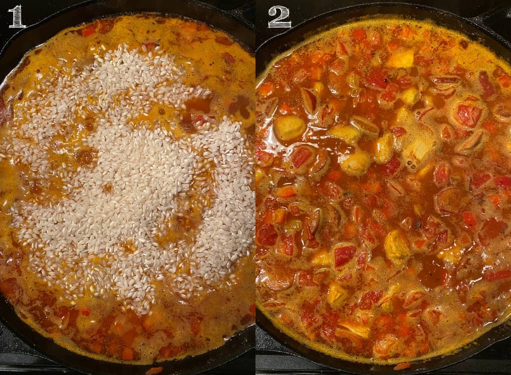 photo of rice in paella in a cast iron skillet