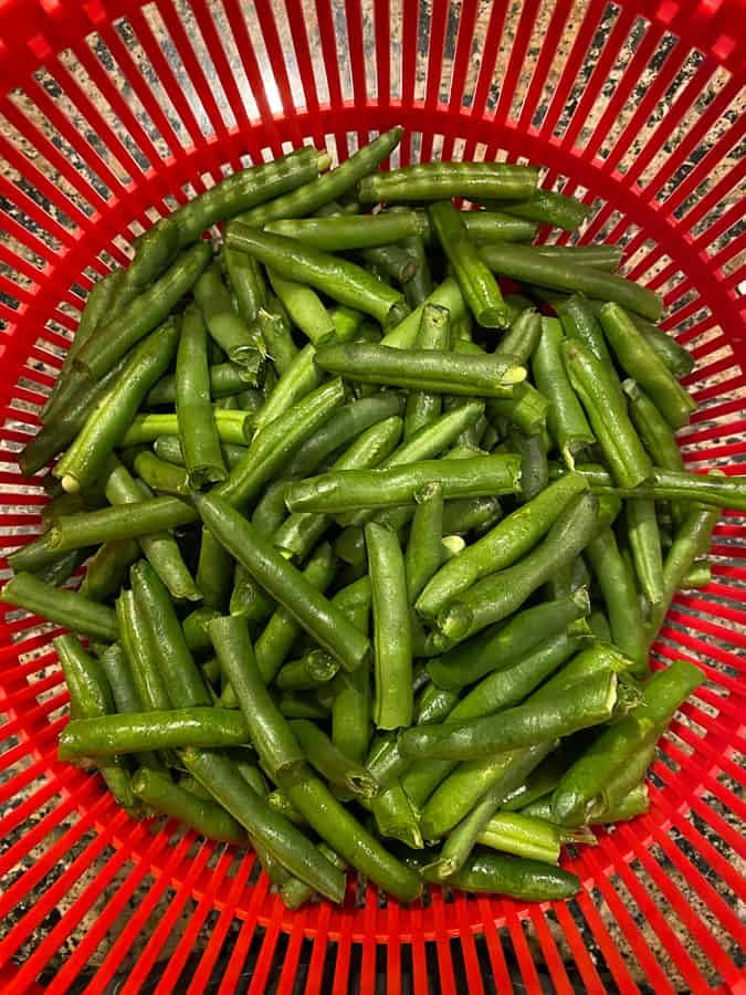 cut green beans in a red basket