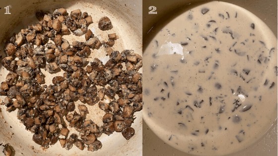 mushroom sauce steps in a dutch oven