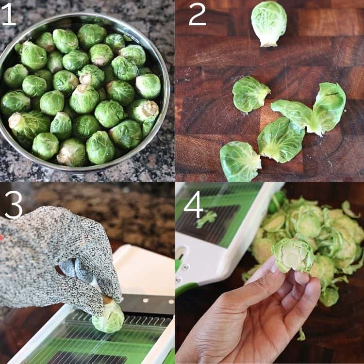 four step photo shaving brussels sprout on mandoline