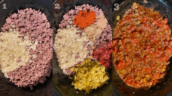 three step photo with ground beef in slow cooker, spices on top of ground beef, then beef mixed in with canned tomatoes