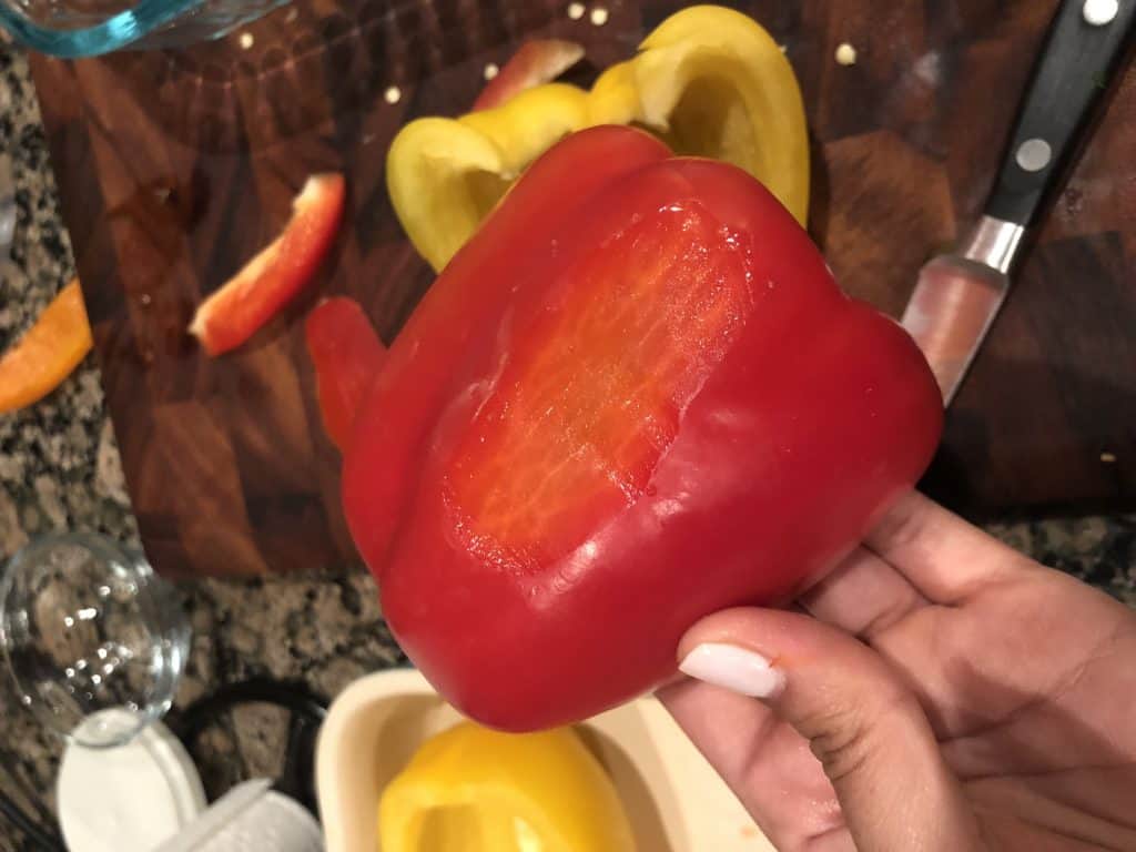 red bell pepper with a flat section shaved into the back for stability