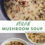 vegan mushroom soup in a soup pot with laddle fresh thyme and creamy broth