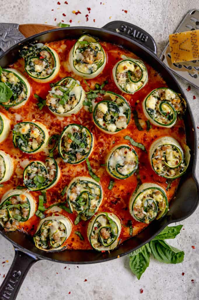 overhead stuffed zucchini rolls and fresh basil