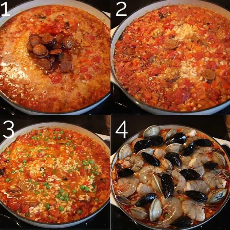 adding rice chorizo and seafood to paella