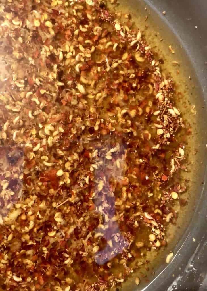 chili oil in a pot on the stove