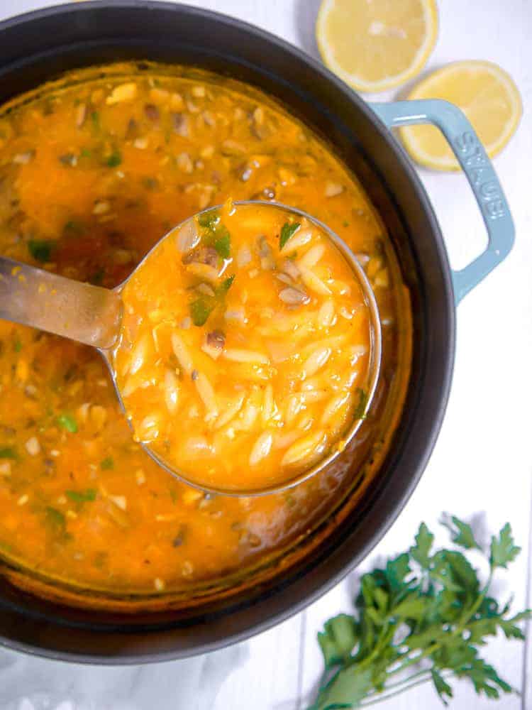 dutch oven pot with vegetable orzo soup being lifted out with a ladle spoon 