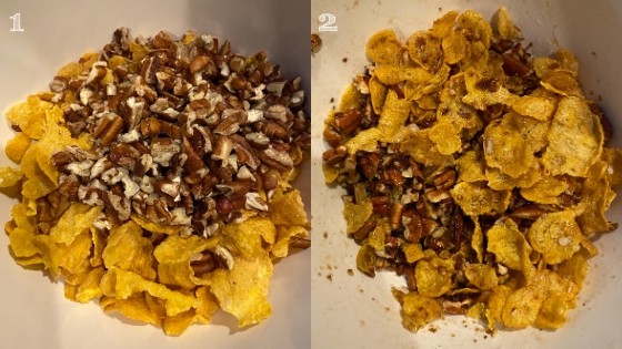 side by side photo of pecans, corn flakes, and brown sugar mixed in white bowls