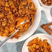 overhead photo of sweet potato casserole with crunchy topping