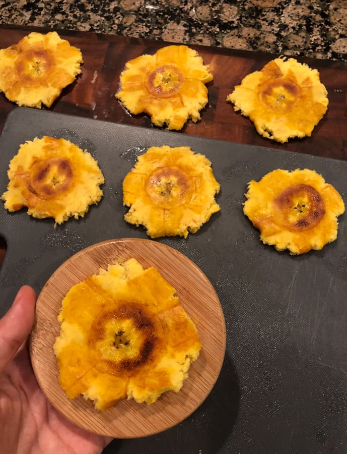 making tostones on a cutting board