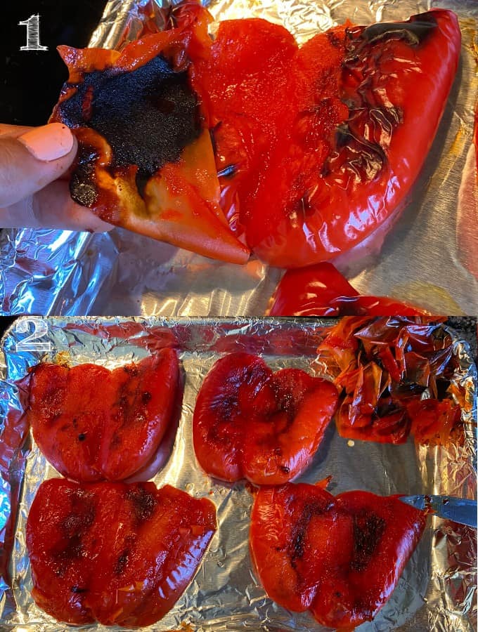 peeling skin off of blistered bell peppers