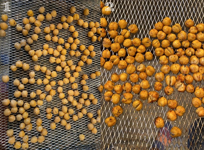 side by side photo of raw chickpeas next to crispy chickpeas