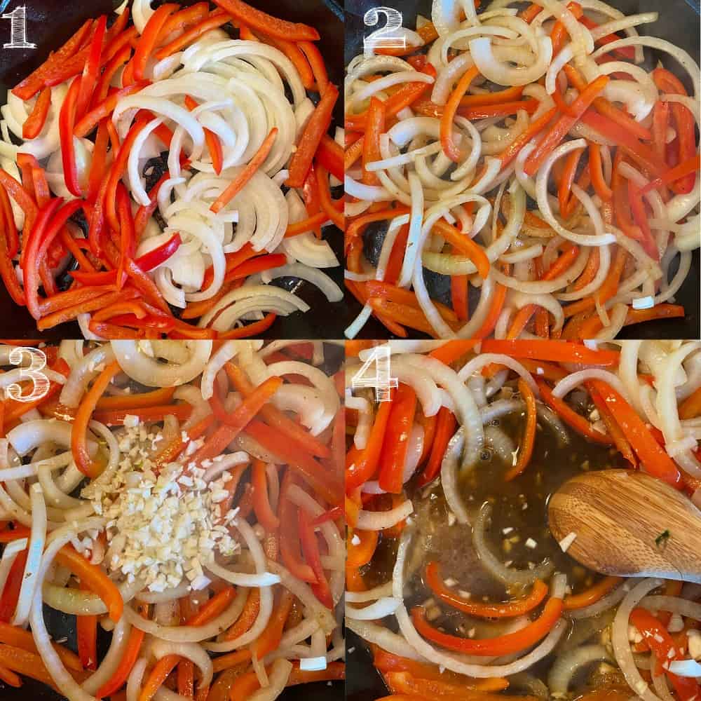 4 step photo of caramelizing bell peppers and onions in a cast iron skillet.