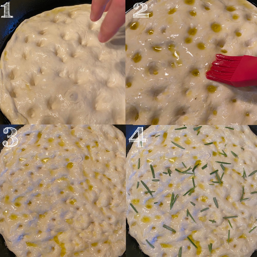 step by step dimpling and adding topping to focaccia dough in cast iron skillet