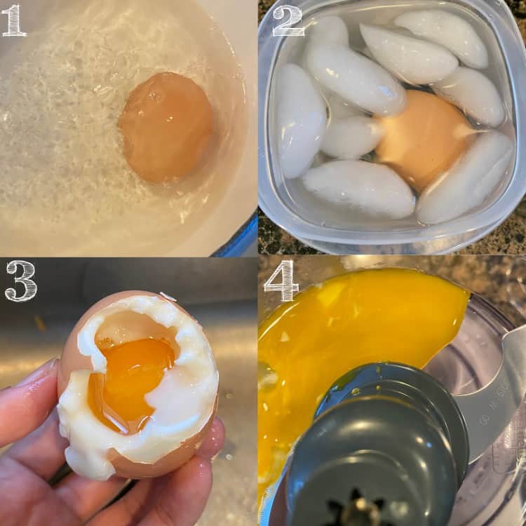 4 step photo of boiling an egg, placing in an ice bath, peeling the egg, and putting the egg yolk into blender