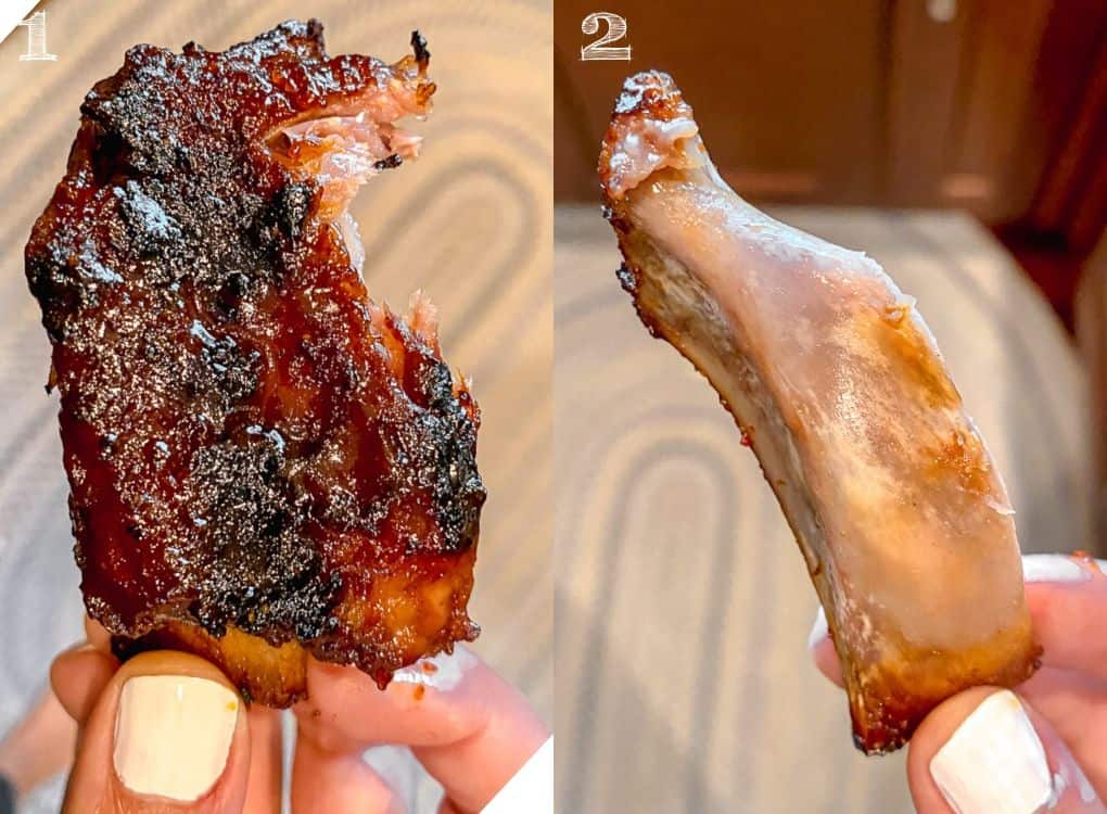 side by side photo of a bbq rib and then a bare bone