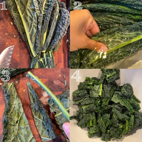 step by step photos washing kale and chopping it on a cutting board into bite sized pieces