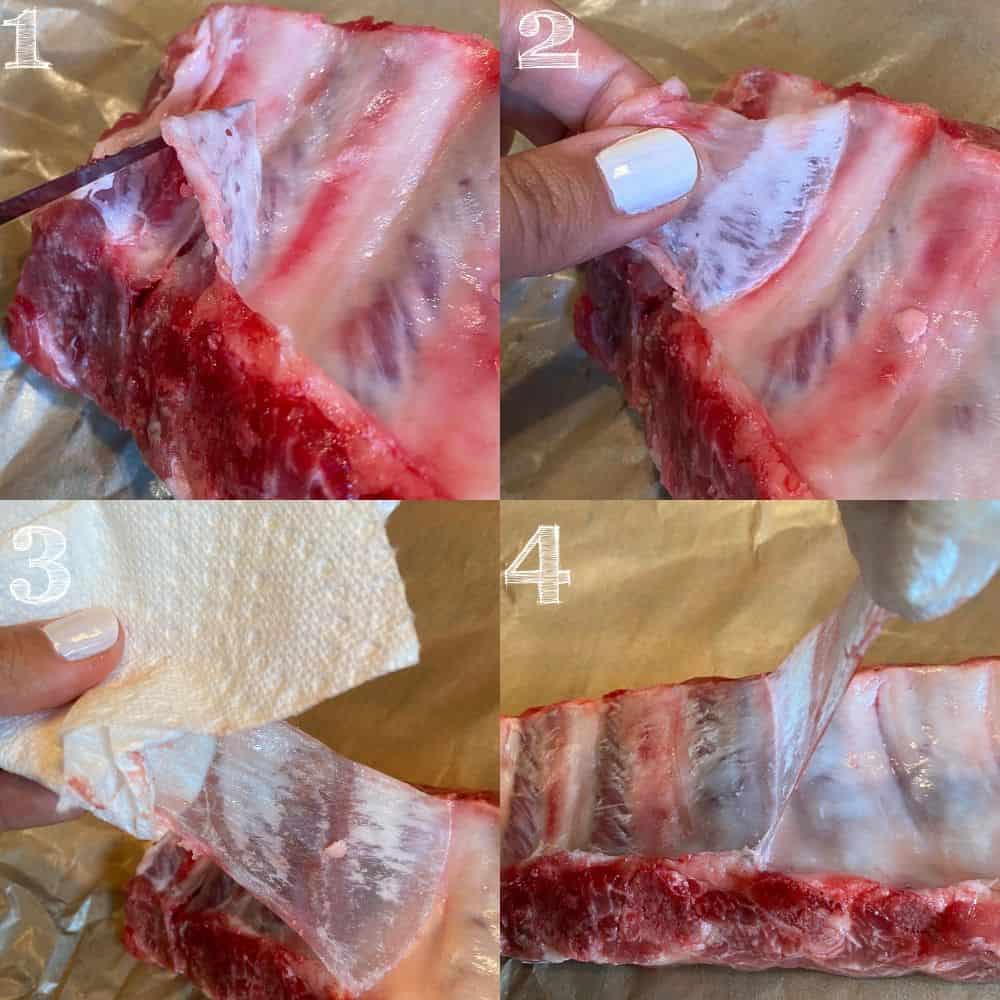 4 step process removing pork membrane with knife and paper towels