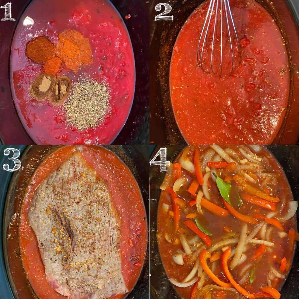 4 step photo of sauce in pot, steak added to sauce, then peppers over the top of the pot
