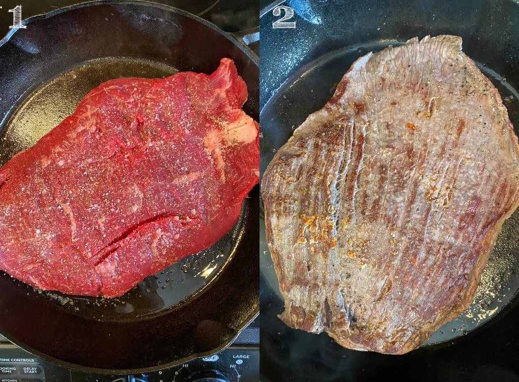flank steak side by side in a cast iron pan, one raw one seared 