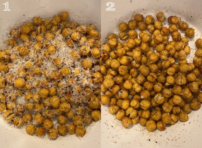 side by side photo of air fried chickpeas tossed in freshly shaved parmesan