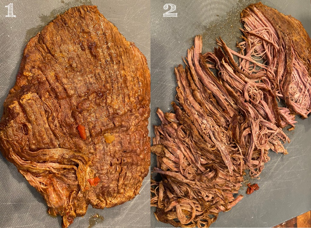 side by side photo of slow cooked flank steak and shredded beef 