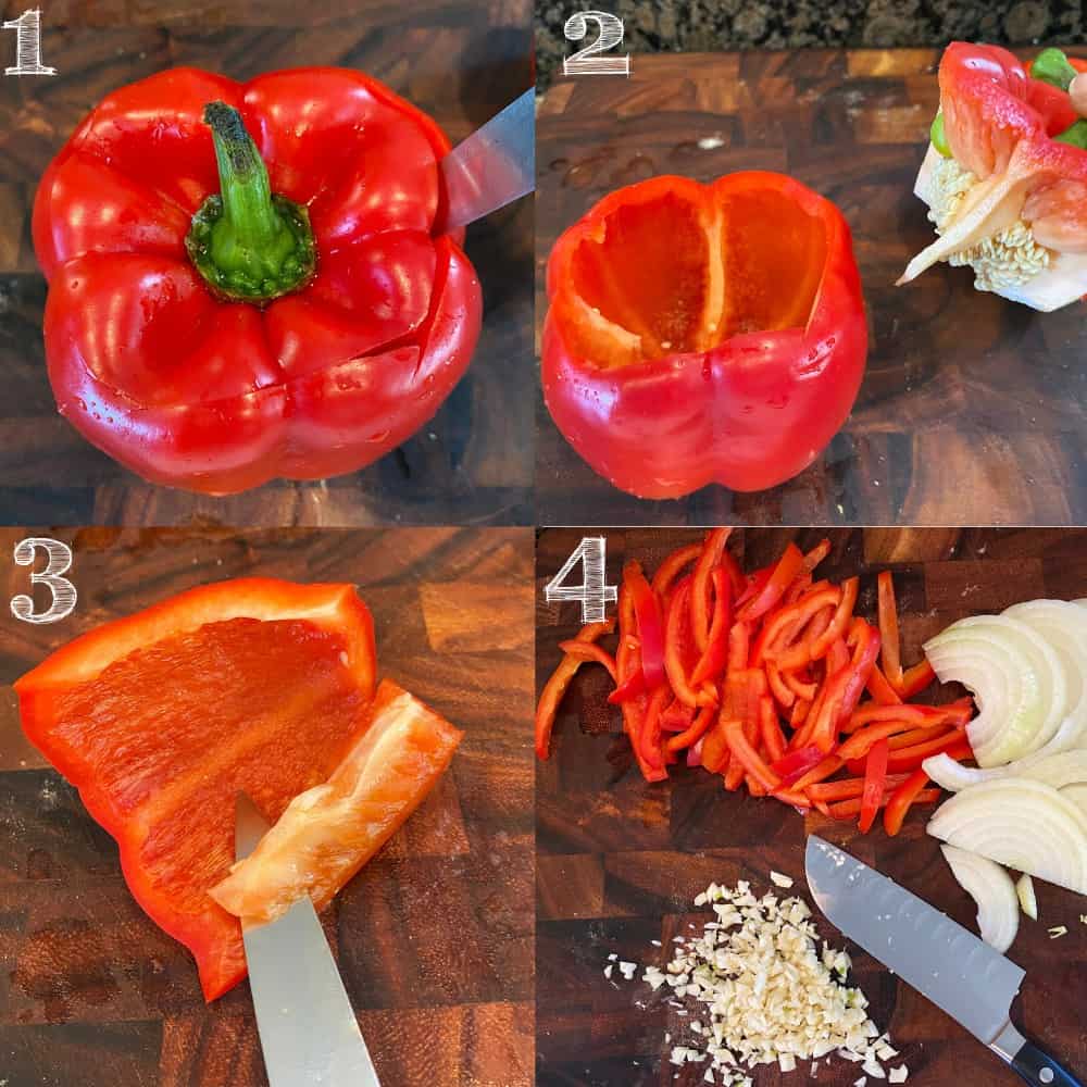 step by step photo of cutting a bell pepper, removing the seeds with a knife, removing the white membrane inside, and cutting into strips