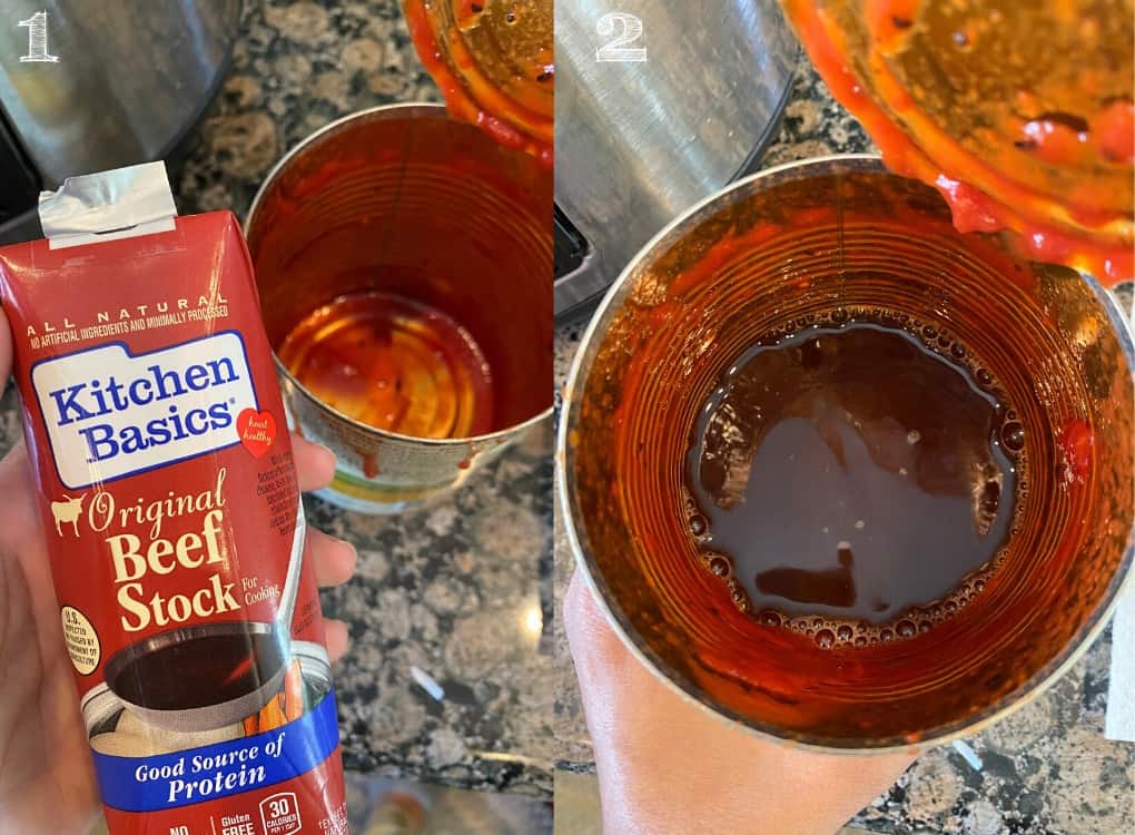 side by side photo of beef stock bottle and tomato sauce can