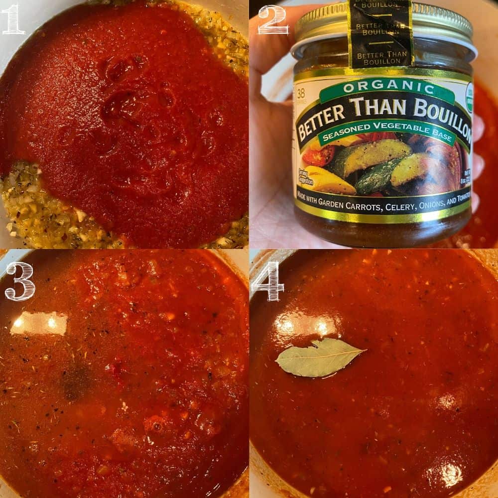 four step photo of adding tomato sauce to dutch oven, bouillon paste, broth, and bay leaf