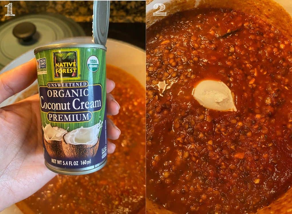 side by side photo of coconut cream being added to lentil bolognese