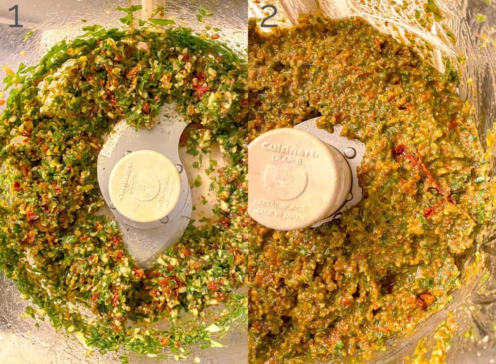 side by side photo of pesto pulsed ingredients and pesto blended with olive oil