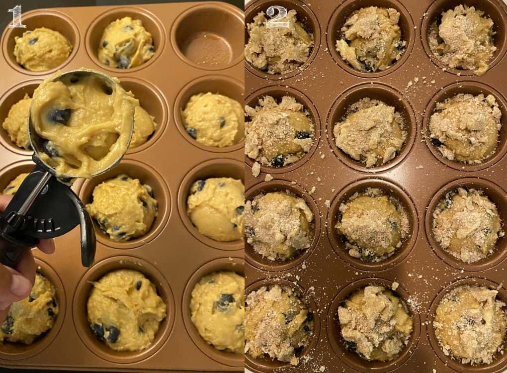 using a cookie scoop to fill muffin tin with blueberry muffin batter