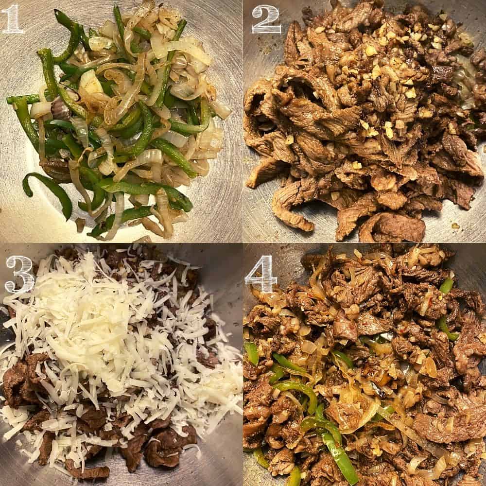 four step photo of mixing peppers and onions, cheese, steak in a metal mixing bowl