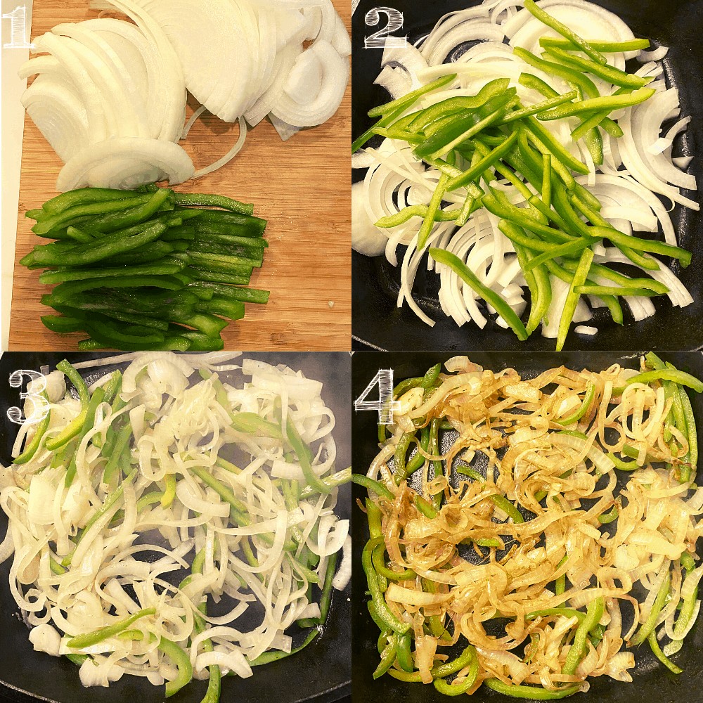 four step photo of caramelizing onions and green bell peppers in a cast iron skillet.