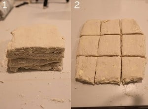 dough stacked up and then cut into squares