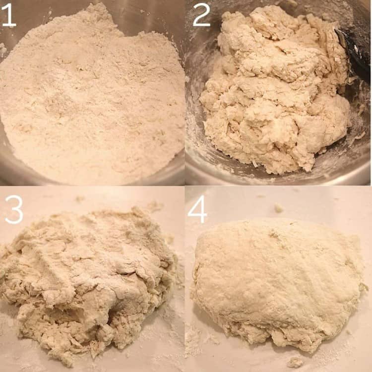 4 step photo combining biscuit dough in bowl