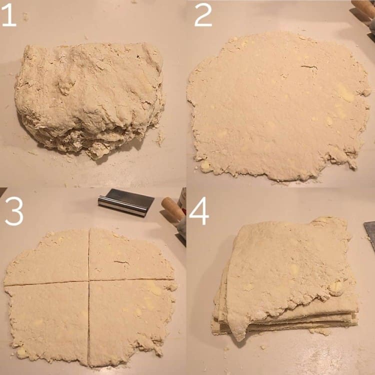4 step photo rolling out biscuit dough and folding it