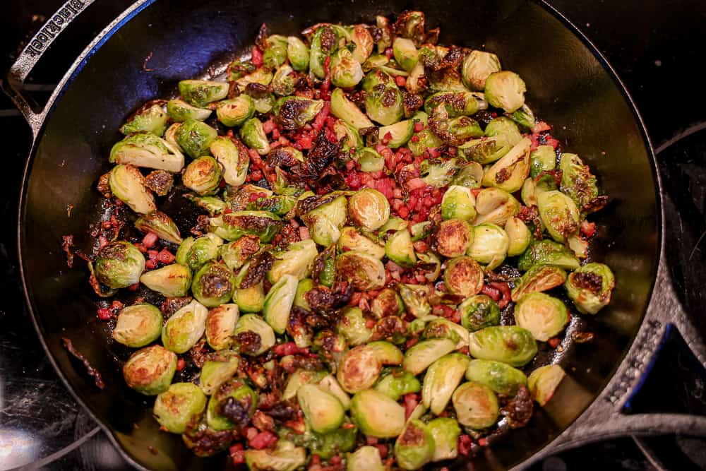 brussels sprouts and pancetta post roasting in oven
