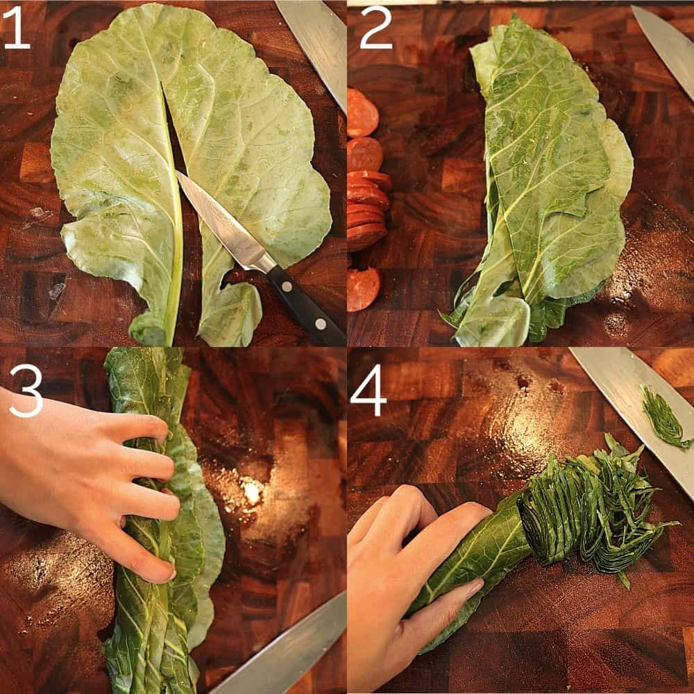 4 step photo cutting collard greens into thin ribbons