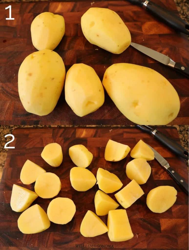 peeled gold potatoes largely diced on cutting board