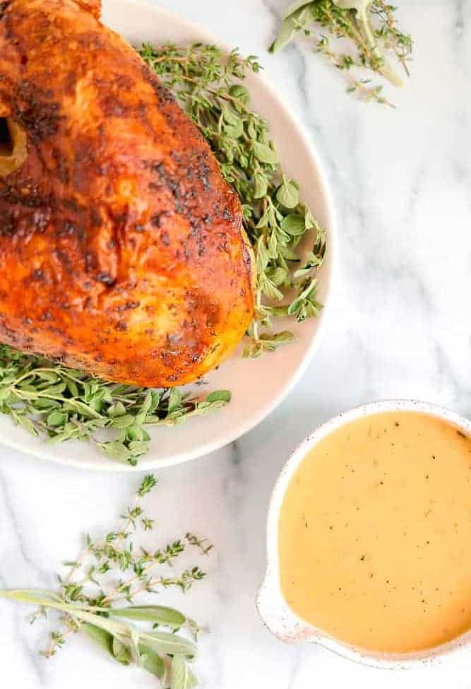 roasted turkey with homemade turkey gravy in a bowl