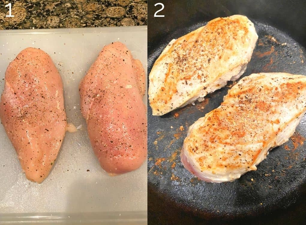 searing chicken in a cast iron