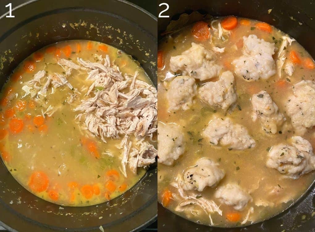 adding shredded chicken and dumplings back into the soup