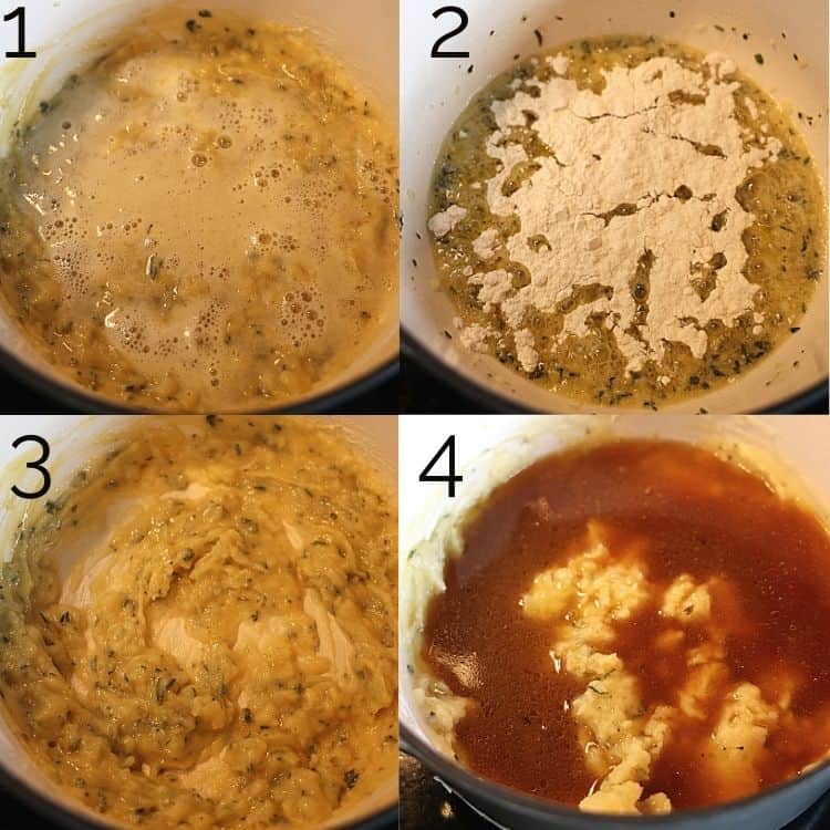 adding white wine, flour, and turkey stock to gravy in saucepan