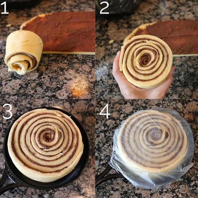 rolling giant cinnamon bun and placing in a skillet