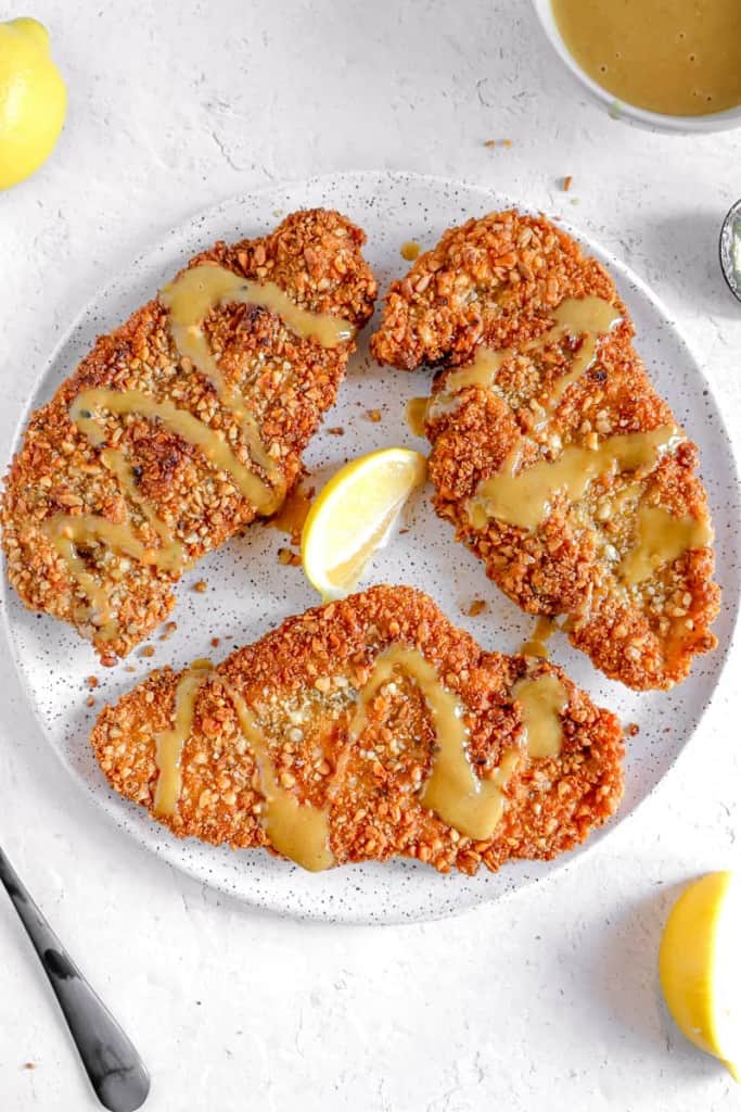 nut and seed chicken cutlets with honey mustard drizzle