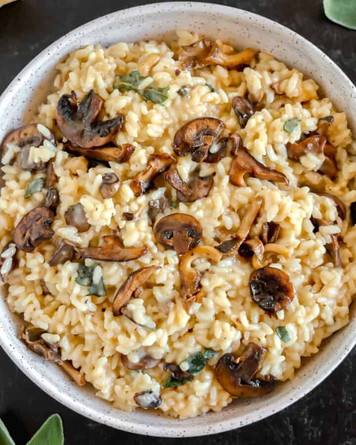 risotto with mushrooms and sage in a bowl