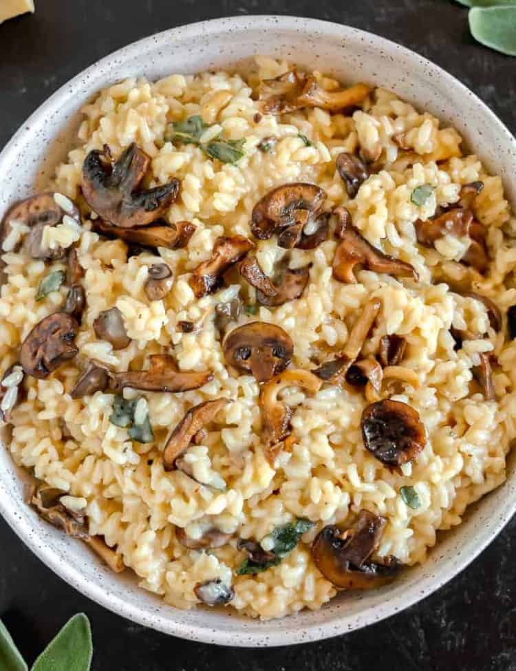 risotto with mushrooms and sage in a bowl