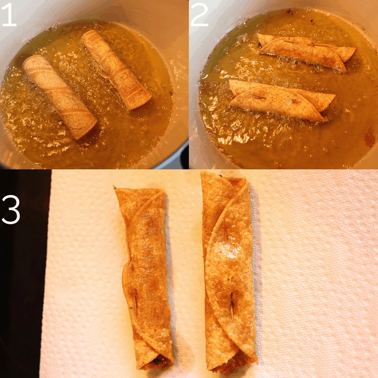 frying taquitos in oil in a large dutch oven